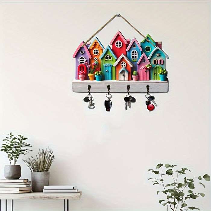 An enchanting piece a simple colorful wooden and household key holder with four metal hooks 30.0cm