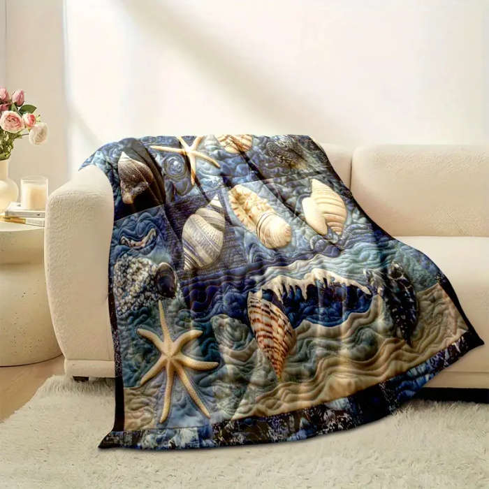 1 x Creative Shell Starfish Snail Plaid Print Flannel Blanket 150*200cm