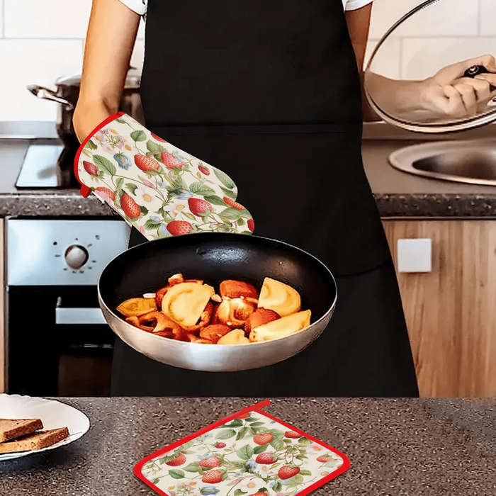2pcs Strawberry and Floral Pattern Silicone Oven Mitts Pot Holders Thickened Non-Slip Heat R