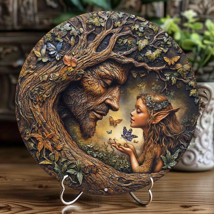1pc 2D Flat 20.32x20.32cm Round Wooden Wall Art Vintage Tree and Flower Fairy Sign