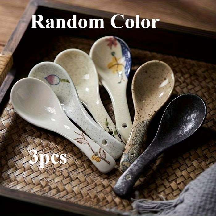 3pcs Japanese Vintage Ceramic Spoons Elegant Floral Golden Design Ideal for Serving Rice