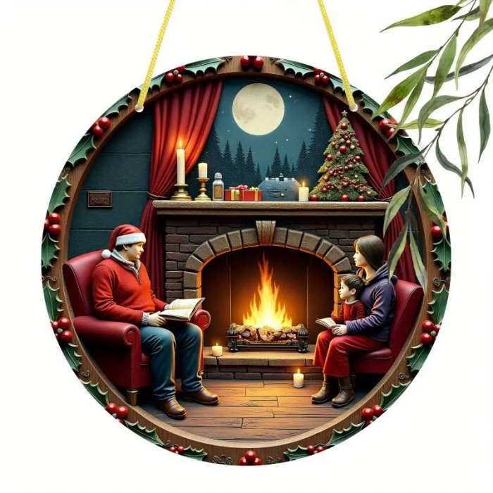1pc Cozy Warmth Cozy Fireplace Scene Wooden Wall Art 20.32x20.32 cm Romantic Decor Featuring Family