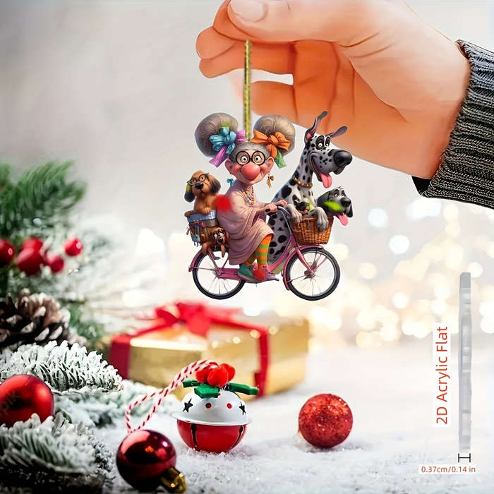 1pc 2D Flat    Acrylic Charming Grandma Riding Bicycle with Dogs Rearview Mirror Decoration P