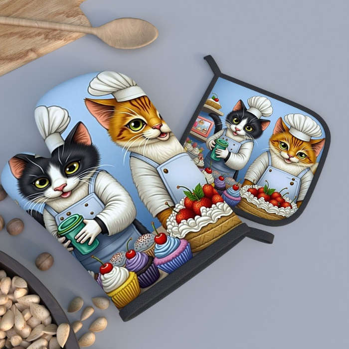 2pcs Cute Cat Chef Oven Mitts Heat Resistant 10.6x6.7 Inch Polyester Kitchen Gloves for Cook