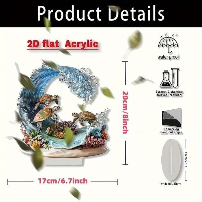 1pc 2D Flat  Bohemian Style Crystal Sea Turtle Wave Decor Plaque Vibrant Oceanic Scene with Color