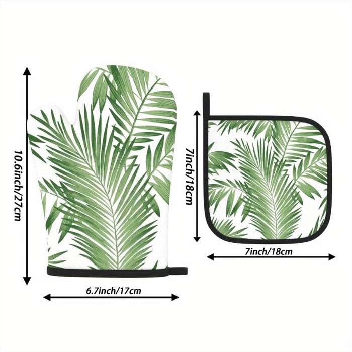 2pcs Summer Green Leaves Oven Mitts Pot Holders Set 26.92x17.02cm Heat Resistant Machine W