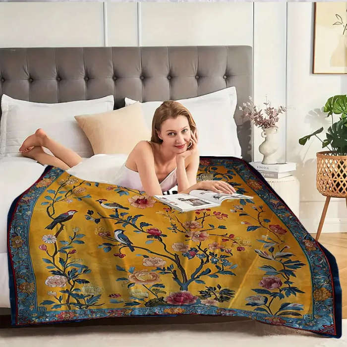 1 Bohemian Floral And Bird Print Flannel Blanket 150*200cm