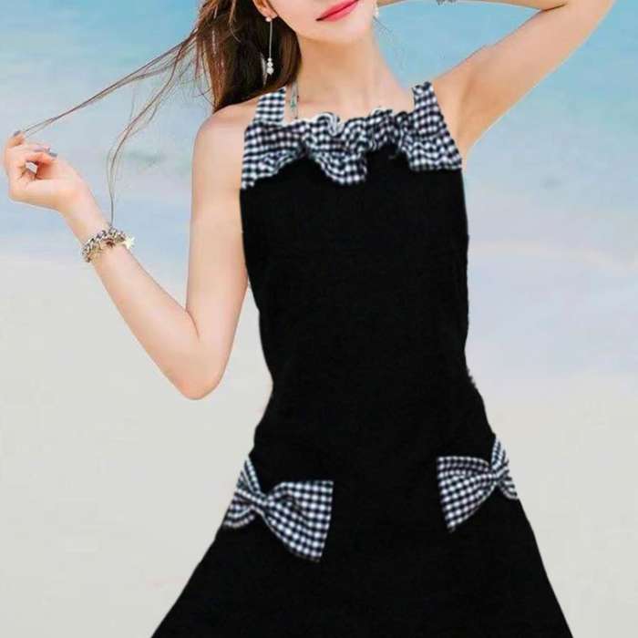 1pc Elegant Black and White Bow Apron Stain-Resistant Adjustable Straps Polyester Perfect for