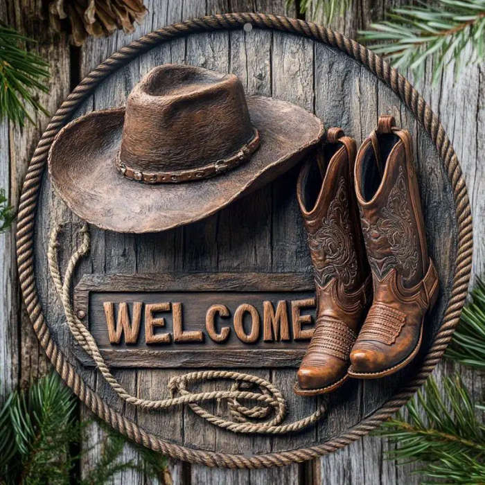 1pc Classic Western Cowboy Boots Hat Welcome Sign 20.32x20.32cm Round Aluminum Wall Hanging Decorati