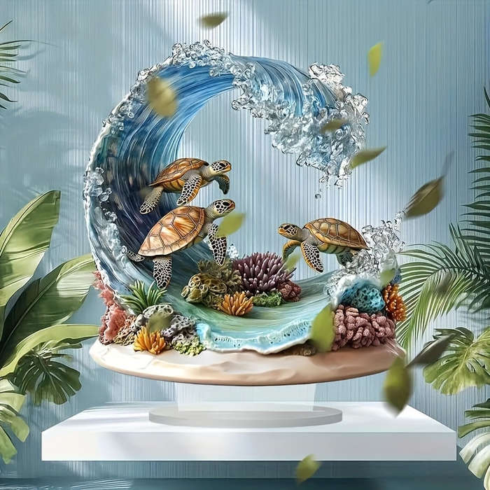 1pc 2D Flat  Bohemian Style Crystal Sea Turtle Wave Decor Plaque Vibrant Oceanic Scene with Color