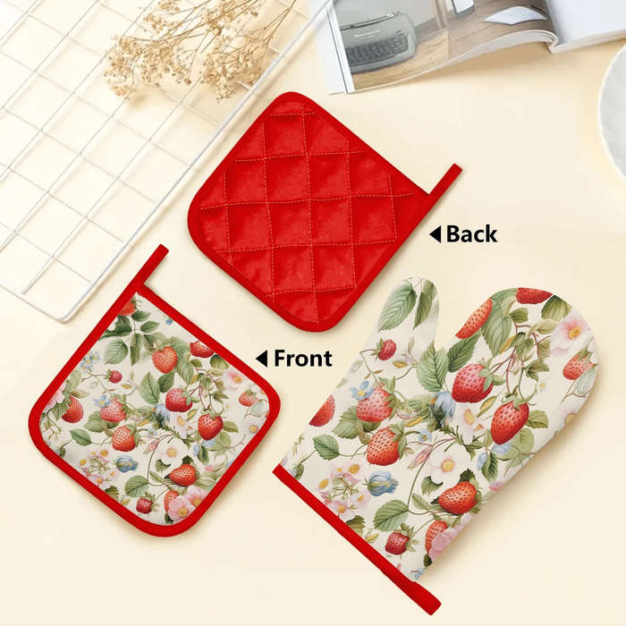 2pcs Strawberry and Floral Pattern Silicone Oven Mitts Pot Holders Thickened Non-Slip Heat R