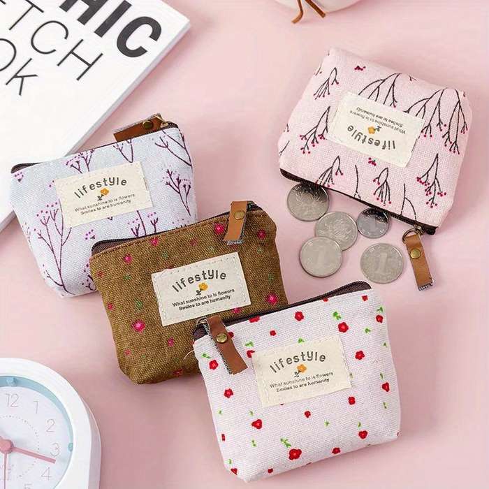 1pc Chic Floral Canvas Coin Purse Key Pouch Compact Zippered Wallet with Earphone Storage Ligh