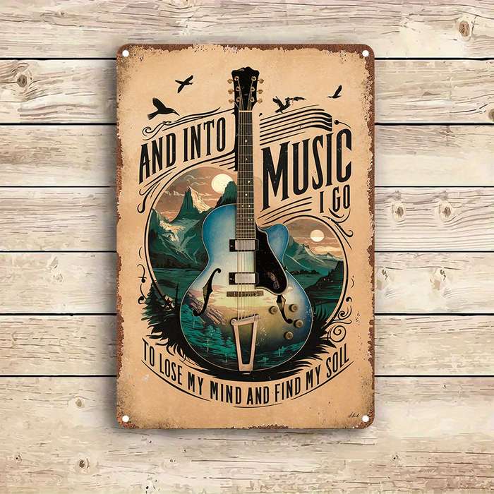 1pc  Vintage Guitar-Themed Aluminum Metal Sign Wall Art And Into Music I Go Lyrics Decorative