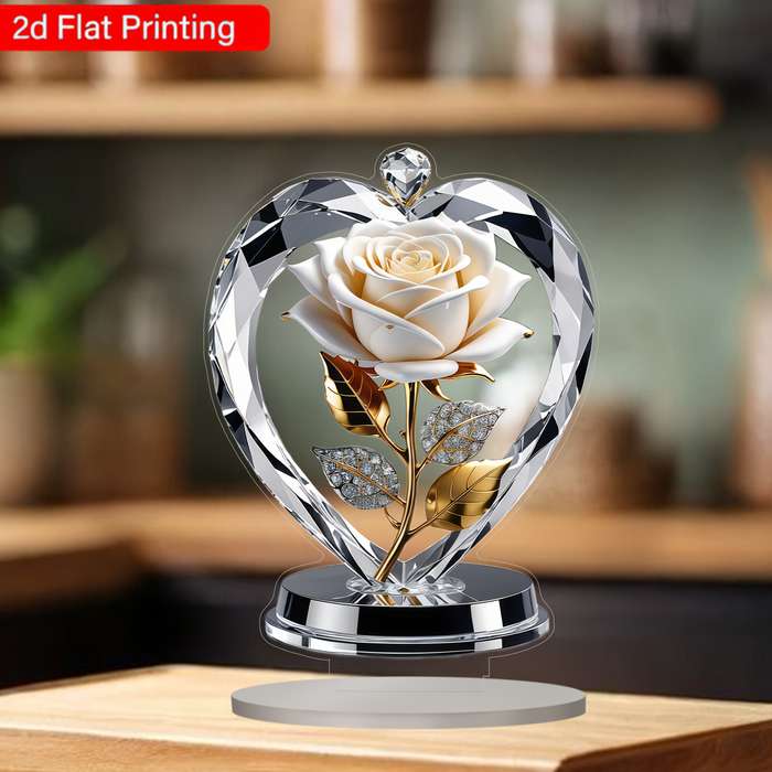 1pc 2D Flat   Acrylic Heart-Shaped White Rose with Golden Leaves Stems Elegant Home Decor for