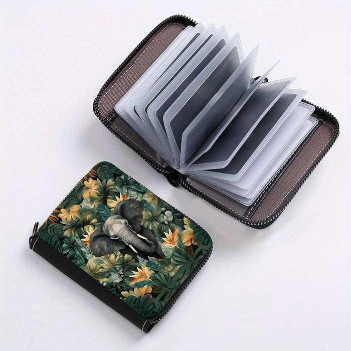 1pc Jungle Elephant Print Clutch Bag Casual Zipper Card Holder with 24 Card Slots Multi-card