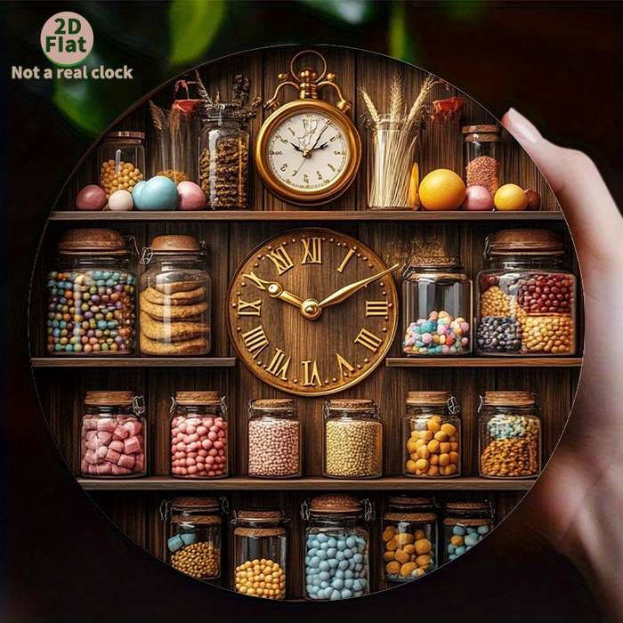1pc 2D Flat Vintage Kitchen Wall Clock with Wooden Shelf Glass Jar Display 2D Flat Not real clock