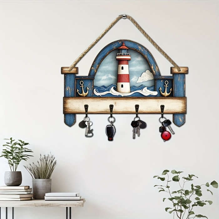 Vintage Nautical Lighthouse Wooden Key Holder2D Flat Design with Four Metal Hooks Colorful Wall