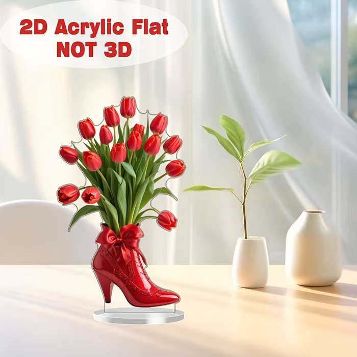 1pc 2D Flat   Classic Red High Heels Tulip Acrylic Desktop Decor Romantic  Design Perfect