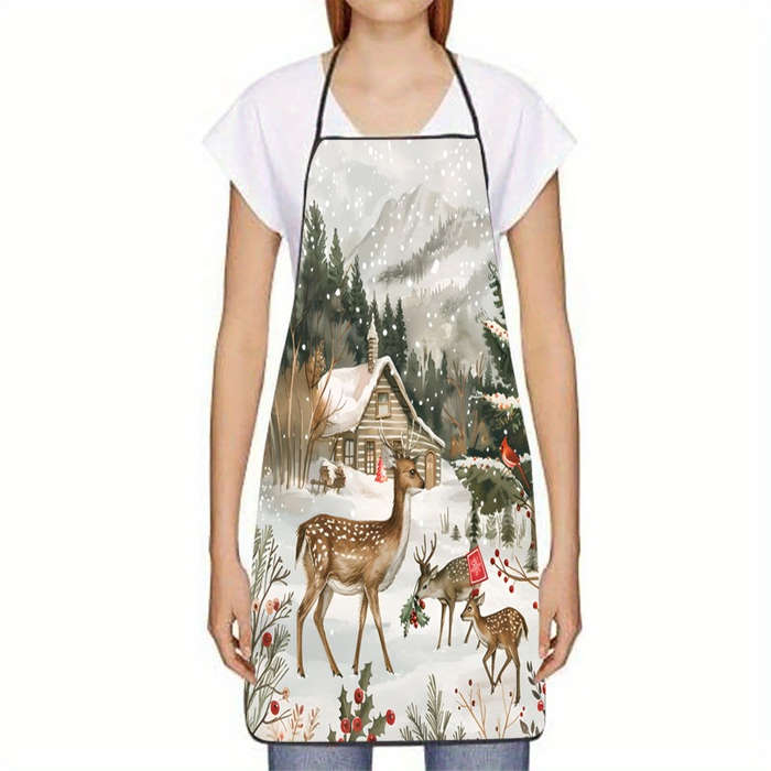 1pc Winter Scene with Deer And Cabin Printed Sleeveless Polyester Apron for Home Kitchen Bak