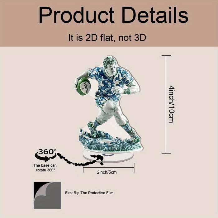 1pc 2D Flat   Rotating Acrylic Rugby Player Figurine Blue and White Porcelain Style Relax Deskt