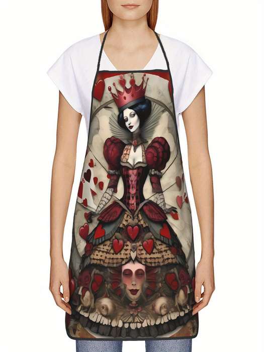 1pc Vintage-Inspired Playing Card Queen Kitchen Apron Polyester Red and White Adjustable Ties
