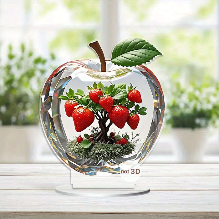 1pc 2D Flat   Elegant Strawberry  Acrylic Decorative Piece with Vibrant Green Leaves Red Ber
