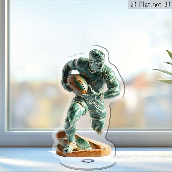 1pc 2D Flat  Acrylic  Rotatable Rugby Player Figurine Green Sports-Themed Stress Relief Desk Dec