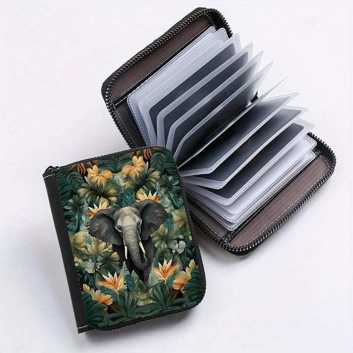 1pc Jungle Elephant Print Clutch Bag Casual Zipper Card Holder with 24 Card Slots Multi-card