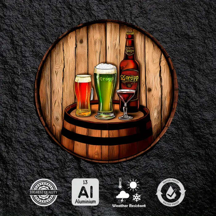 1pc Vintage Pub-Themed 20.32x20.32cm Round Aluminum Sign Rustic Beer Barrel Scene Wall Art Durable M