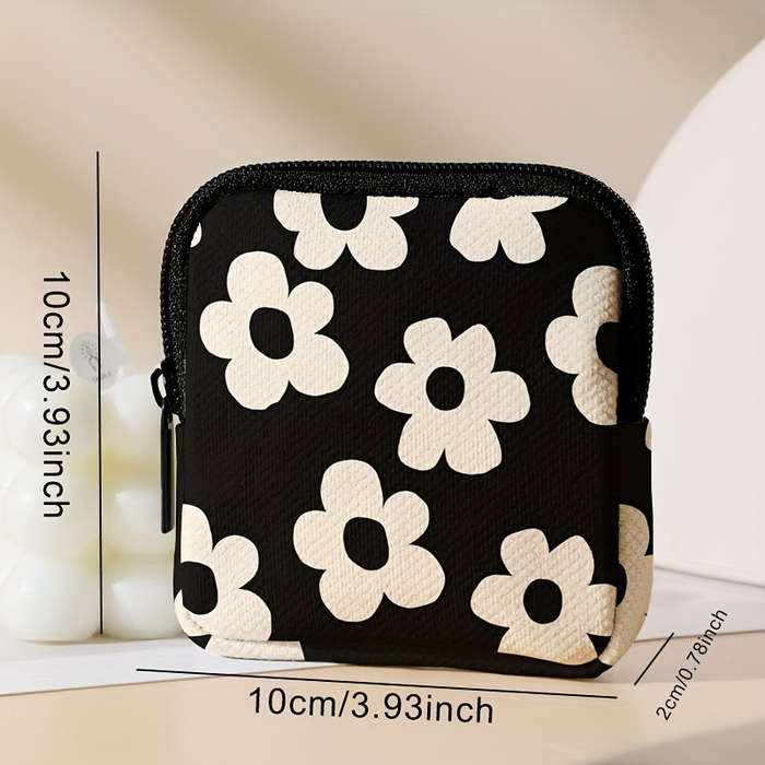 1pc Chic Black White Floral Pattern Coin Purse with Zipper Large Capacity Multi-Functional Han