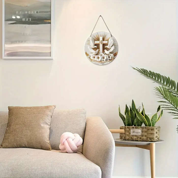 1pc Rustic Wooden Cross and Dove Wreath Sign 19.99cmx19.99cm Round Religious Wall Decor with Hanging