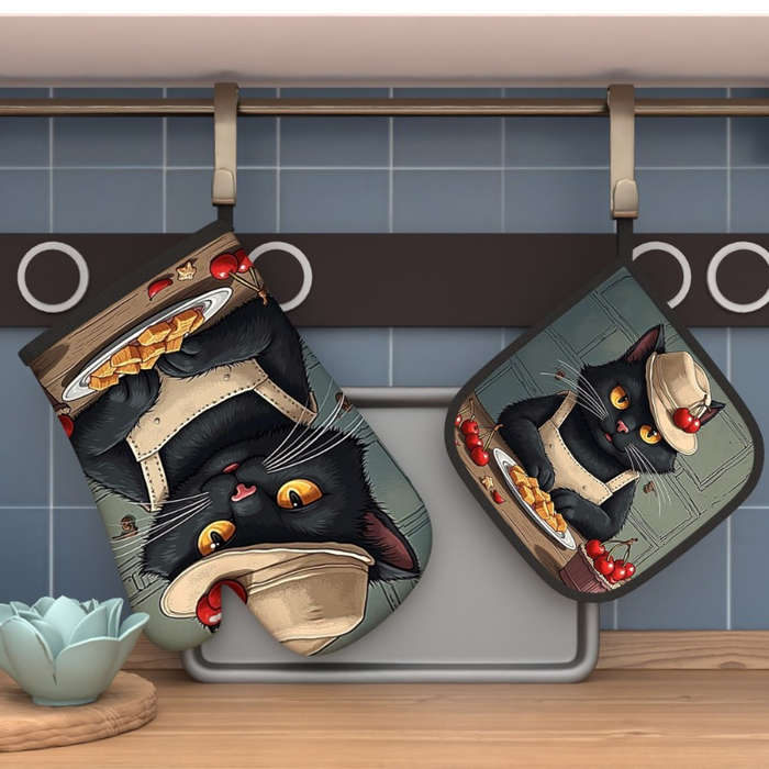 2pcs 26.92x17.02 cm Oven Mitts And Potholders Kitchen Style Black Cat Artistic Style Heat Resis