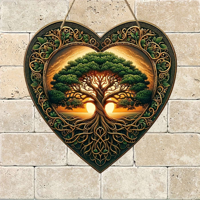 1pc 2D Flat  Acrylic Tree of Life Wooden Hanging Sign-Heart-Shaped Garland Door