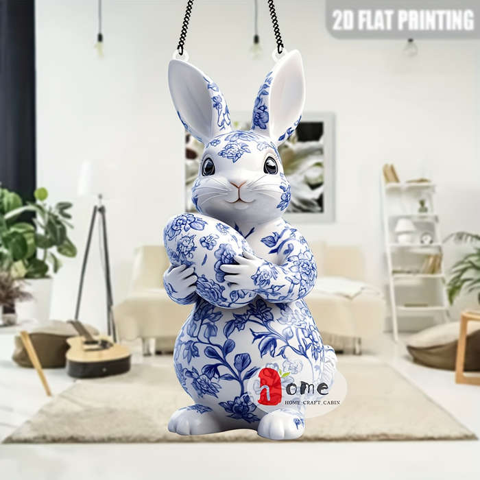 1pc 2D Flat   Blue and White Porcelain Rabbit Acrylic Pendant- Classic Style Decorativ Perfect