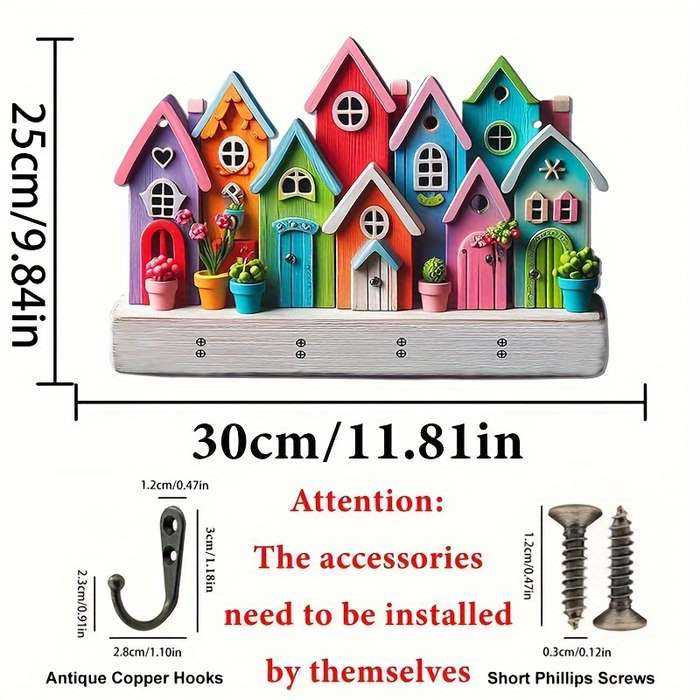 An enchanting piece a simple colorful wooden and household key holder with four metal hooks 30.0cm