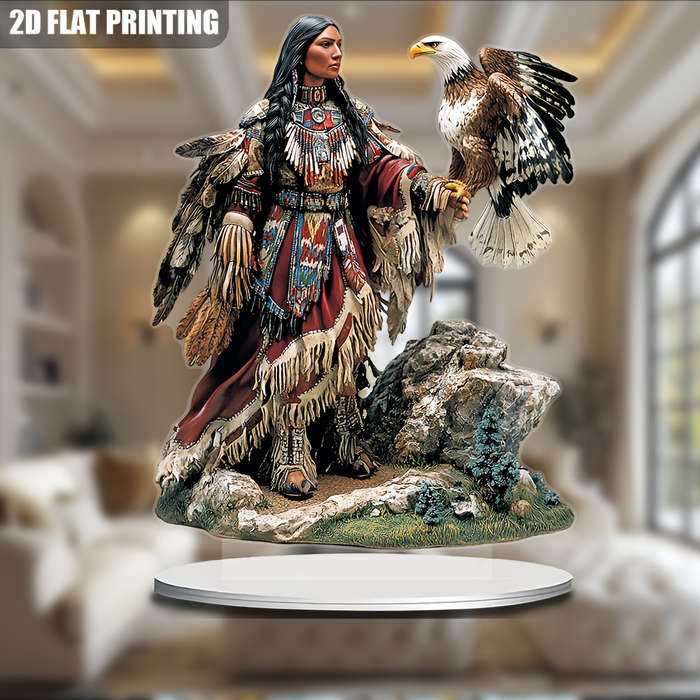 1pc 2D Flat  Bohemian Indian Woman and Eagle Acrylic Sun Catcher 16.26cm x 20.83cm Vibrant  Fla