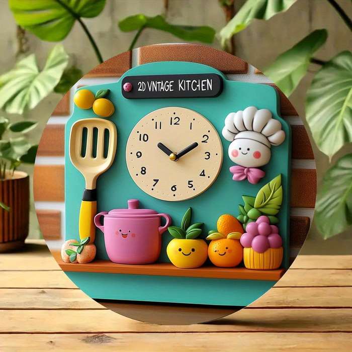 1pc 2D Retro Kitchen Wall Clock Vintage-Inspired Aluminum Decor with Playful Kitchen Not real clock