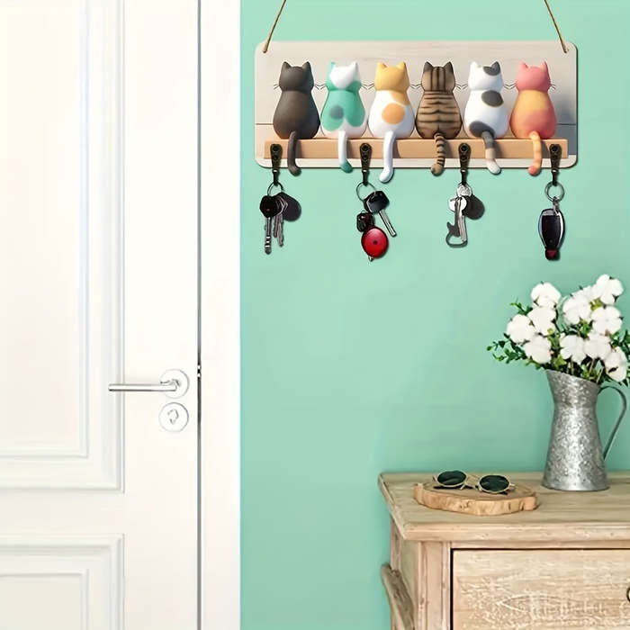 A 2D Whimsical Cat Silhouette Keychain with 4 One Metal Hooks-Colorful Wall-Mounted Wood Artwork Pe