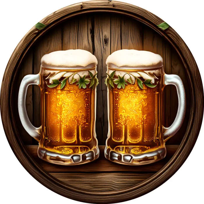 1pc 8Inch Round Aluminum Wall Art Beer Mugs on Wooden Table Design Perfect for Holiday Spring Festiv