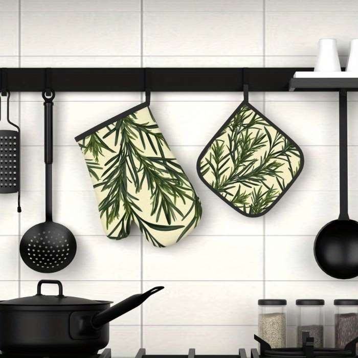 2pcs Botanical Print Oven Mitts Pot Holders Heat-Resistant 26.92x17.02cm Green Plant Desi