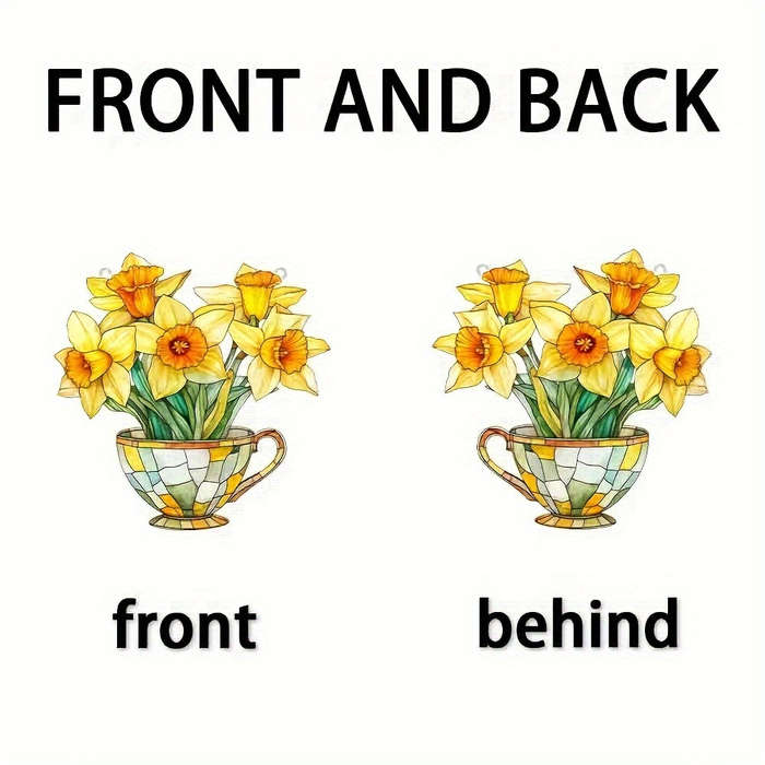1pc 2D Flat  20.32cm x 20.32cm Acrylic Daffodil Tea Cup Wall Hanging Vibrant Yellow Orange Flora
