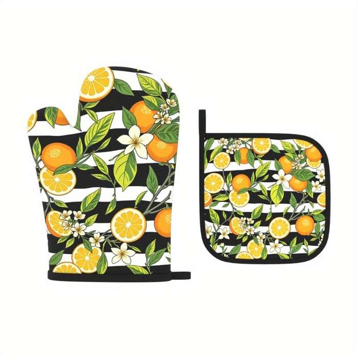 2pcs Heat-Resistant Oven Mitts and Potholders 26.92x17.02 cm Vibrant Orange Black Striped