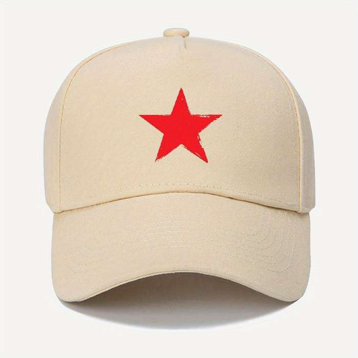 1pc 100% Cotton Adjustable Baseball Cap with Red Star Design Sun Protection Machine Washable Bla