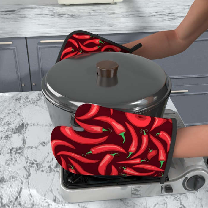 2pcs Red Chili Pepper Oven Mitts Woven Polyester Potholders Heat-Resistant up to 500F Machi