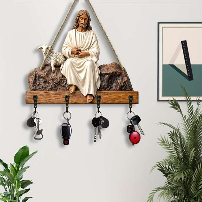 2D Flat 1pc Jesus and Lamb Simple Colorful Wooden Key Holder with Four Metal Hooks(2 x 9.84) 2D
