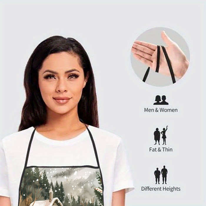 1pc Winter Scene with Deer And Cabin Printed Sleeveless Polyester Apron for Home Kitchen Bak