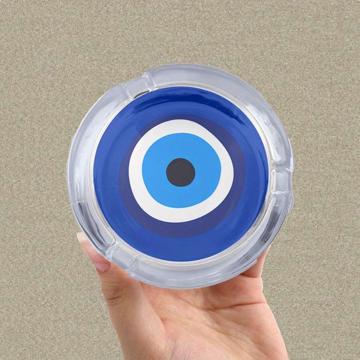 1pc Round Glass Ashtray with Blue White Black Eye Design Modern Artistic Desktop Decor for Office