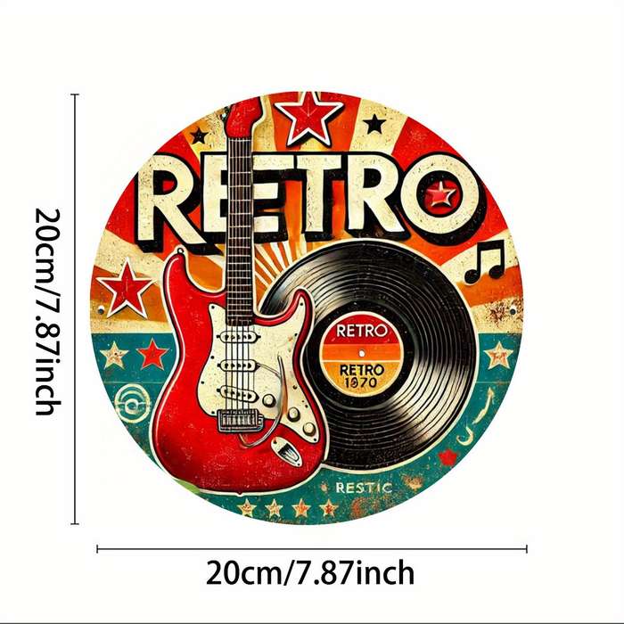 1pc Vintage Guitar and Vinyl Record Design 19.81 cm Round Iron Wreath Sign Vintage Style Wall Dec