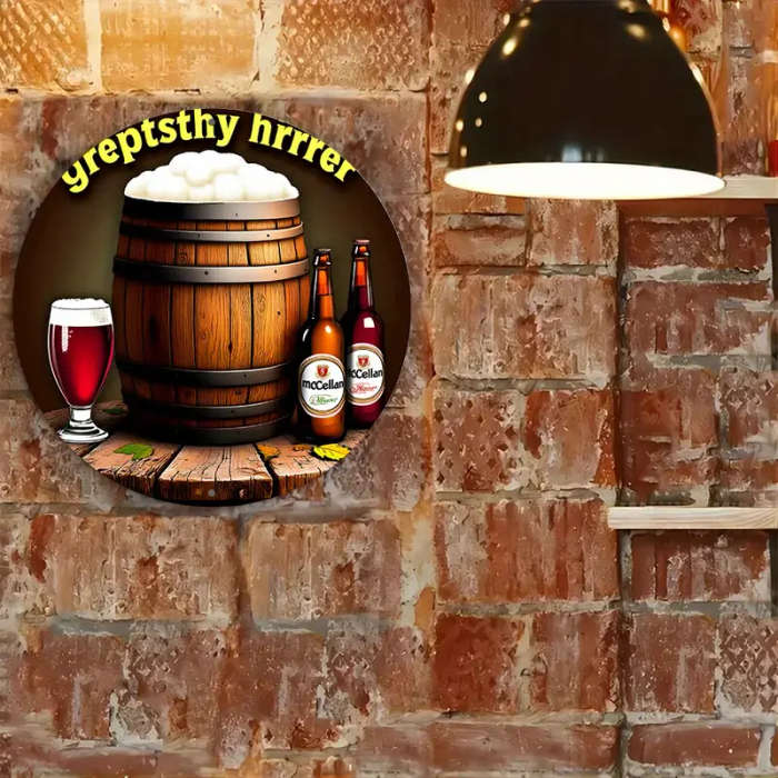 1pc Wooden Barrel with a Glass of Beer Next to It Wreath Sign 8Inch Round Aluminum Sign Perfect for