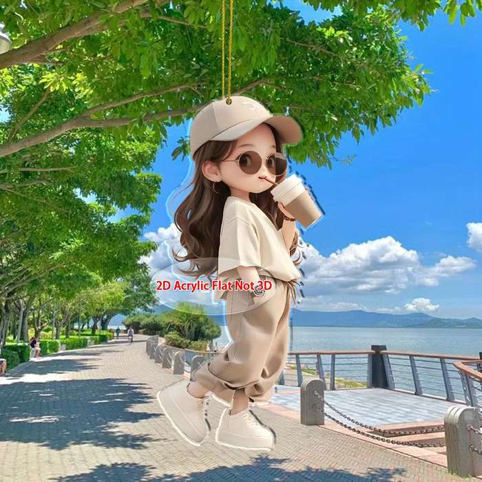1pc 2D Flat  Acrylic Hanging Ornament Cute Girl with Coffee Design Perfect for Car Keychain Bac
